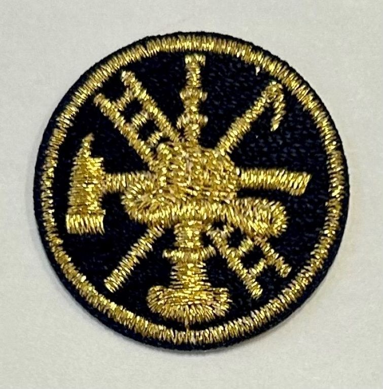 FIRE FIGHTER SCRAMBLE, 1" CIRCLE - METALLIC GOLD on MIDNIGHT NAVY - SEW ON.